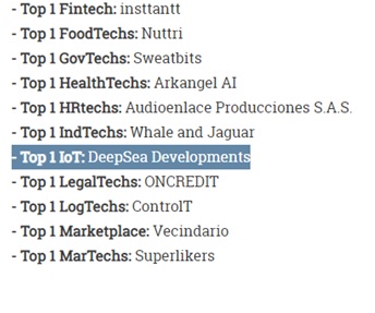 Recognition of DeepSea Developments as company number 1 in Internet of things